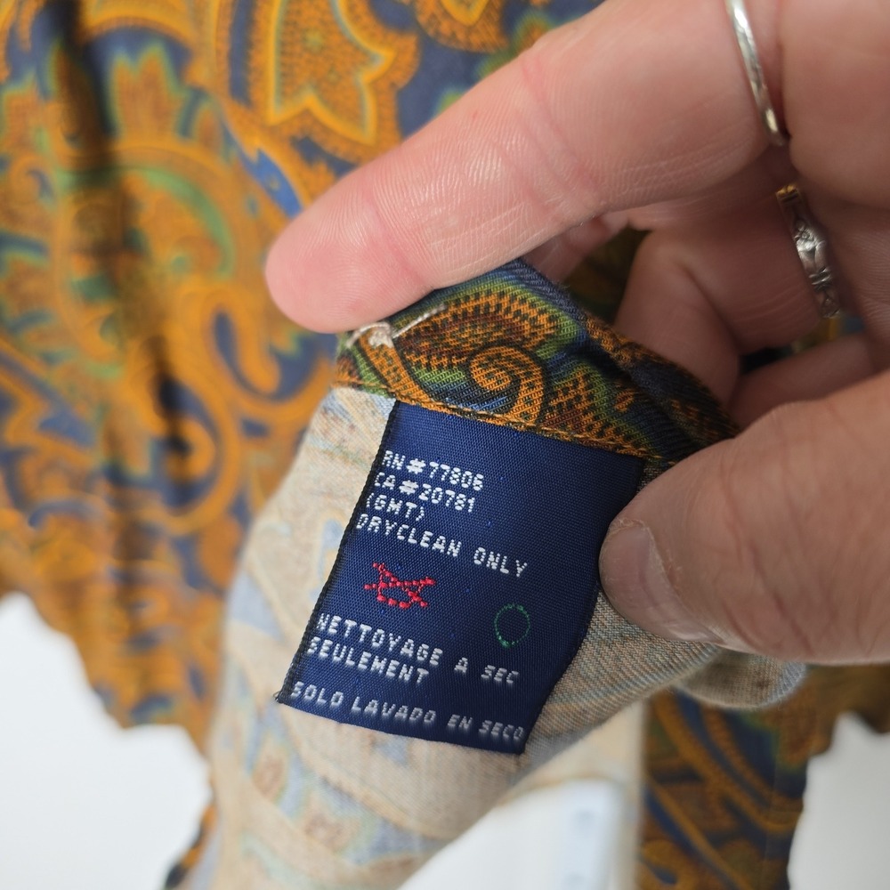 Tommy Hilfiger Mens Large Paisley Button Down Shirt Gold Blue Rayon Wool Blend - Picture 7 of 7